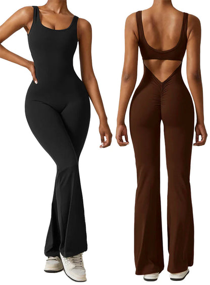 V Back Sleeveless Flare Jumpsuit