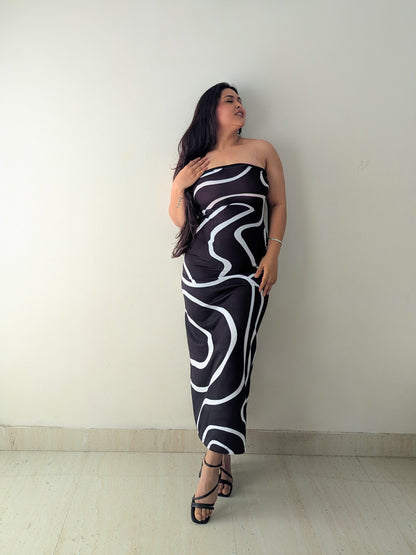 Cheekee Noir Wave Strapless Maxi Dress 🖤🤍