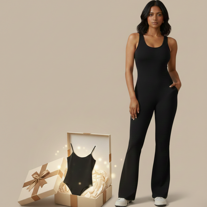 Cheekee V-Back Flared Jumpsuit + Free Contour Ultra Comfy Bodysuit | Sexy Backless Women's Jumpsuit