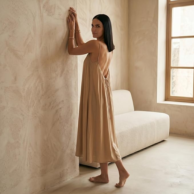 Women Linen Midi Dress Sleeveless Backless A-Line Slip Dress
