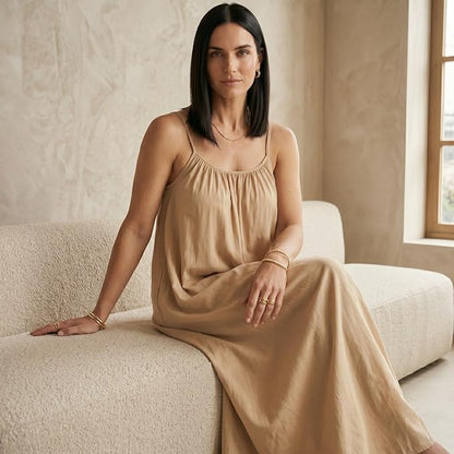 Women Linen Midi Dress Sleeveless Backless A-Line Slip Dress