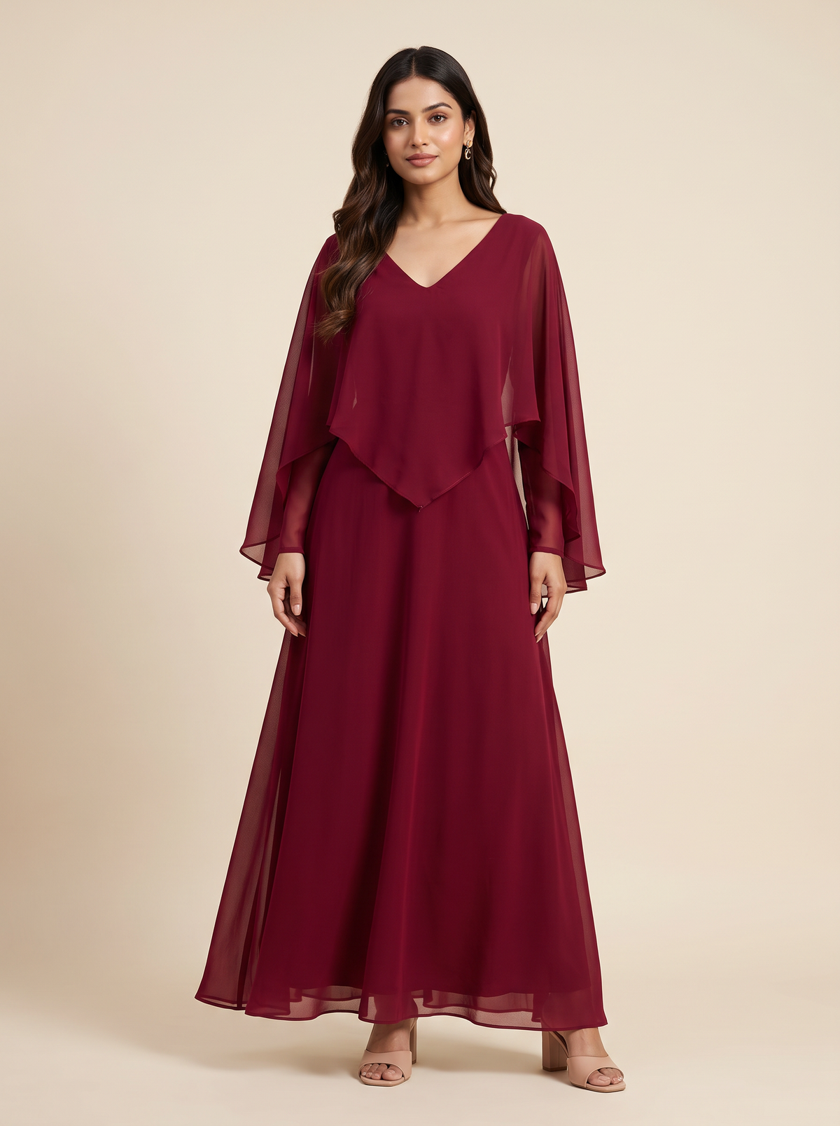 Saavi Maxi Dress – Maroon Cape Dress for Women
