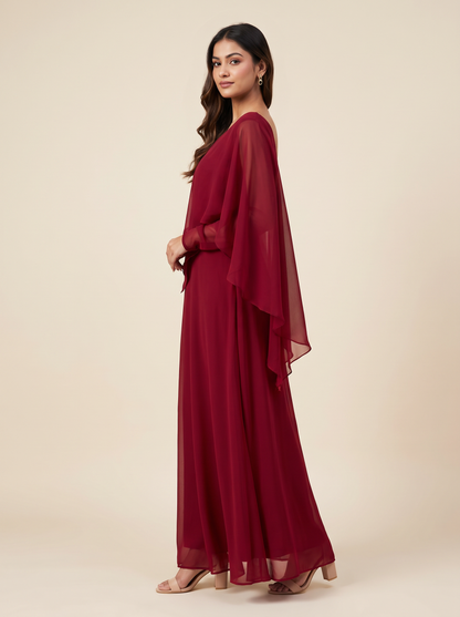 Saavi Maxi Dress – Maroon Cape Dress for Women