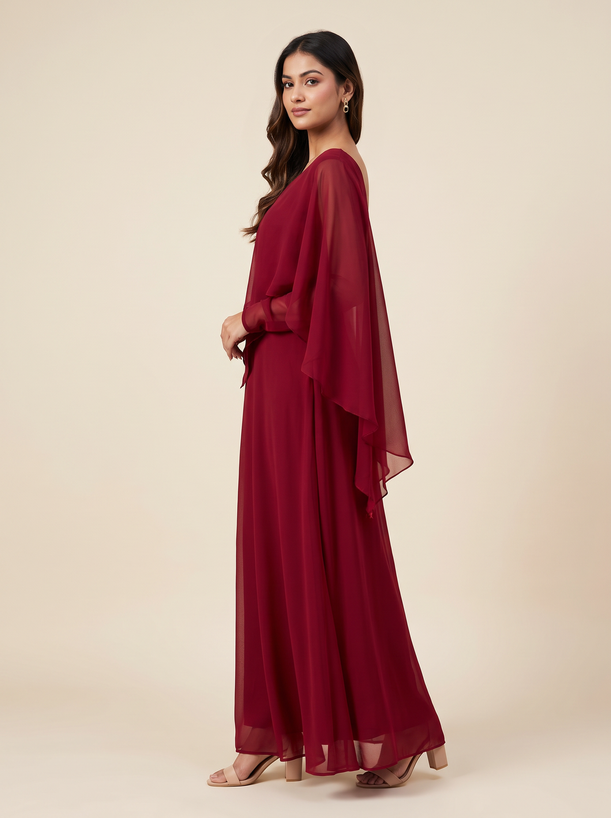 Saavi Maxi Dress – Maroon Cape Dress for Women