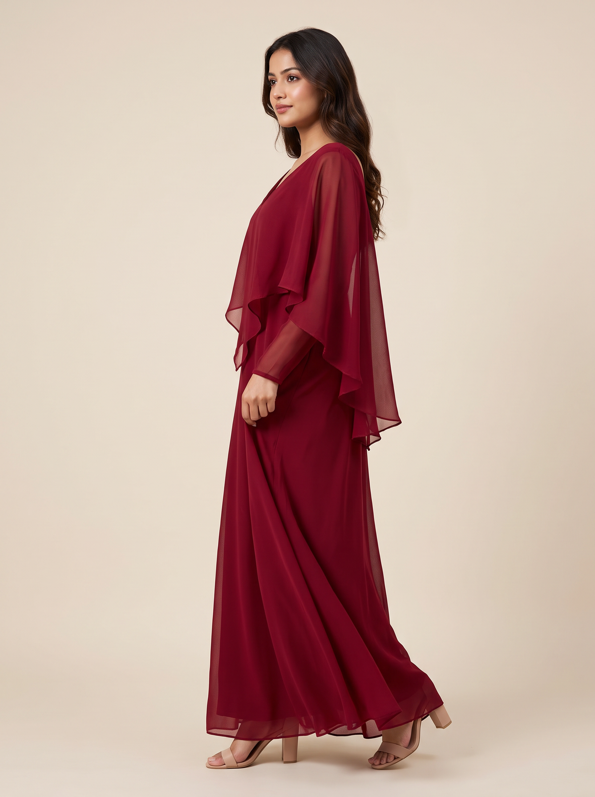 Saavi Maxi Dress – Maroon Cape Dress for Women