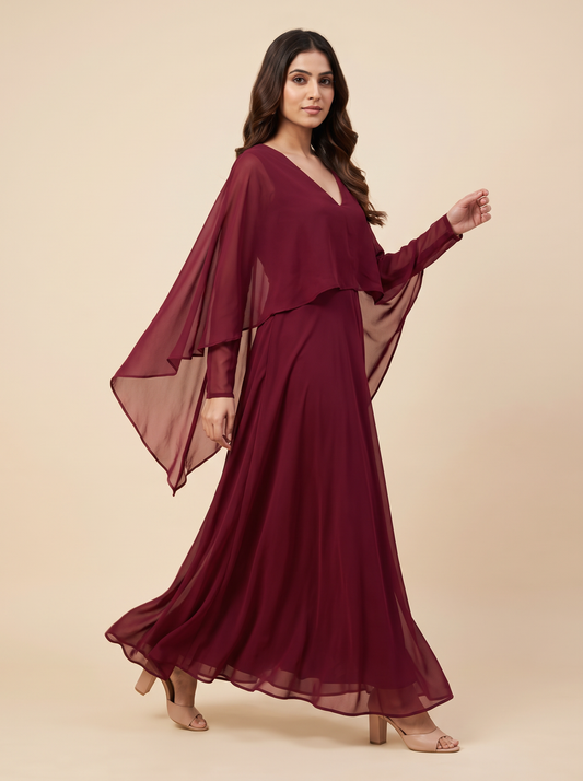 Saavi Maxi Dress – Maroon Cape Dress for Women