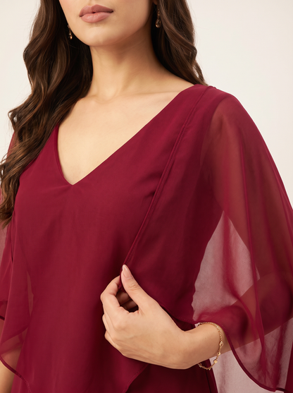 Saavi Maxi Dress – Maroon Cape Dress for Women