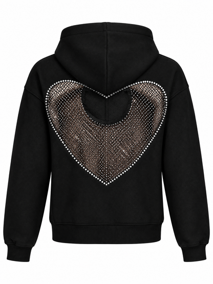 Crystal Heart Backless Hoodie – Black Rhinestone Mesh Hoodie for Women