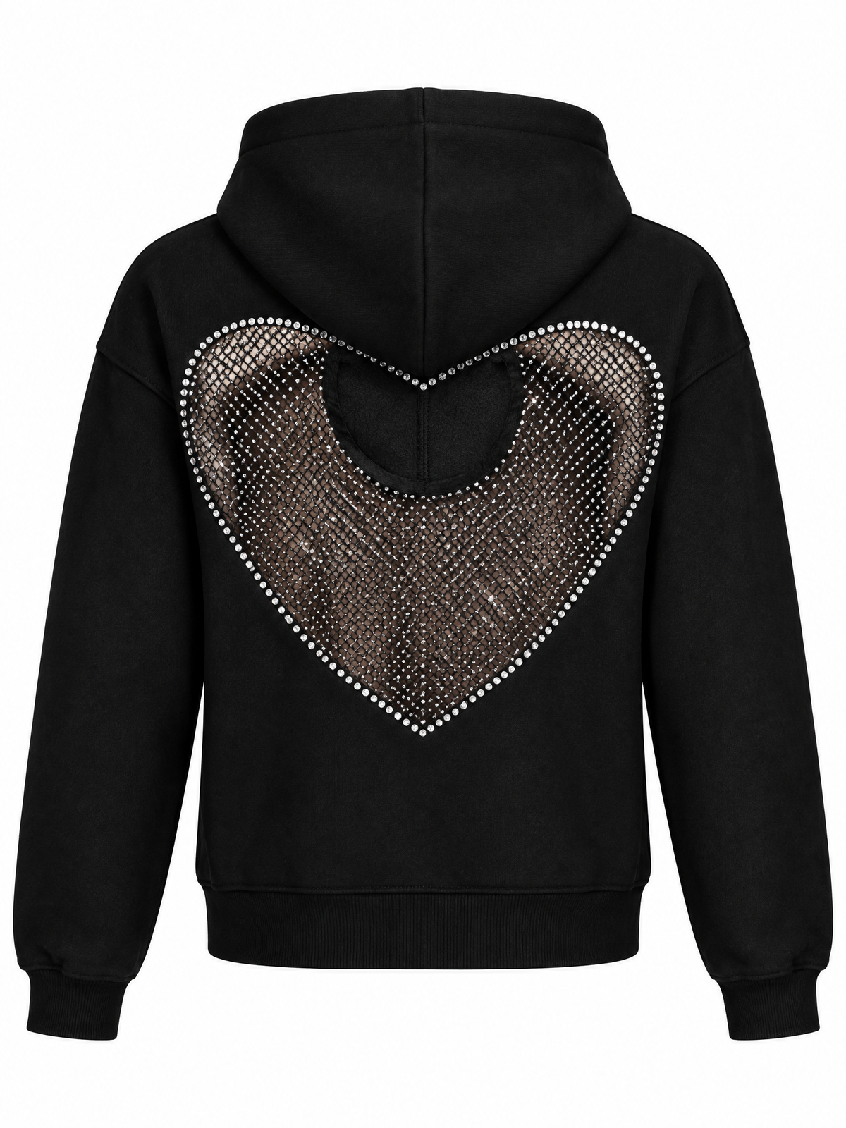 Crystal Heart Backless Hoodie – Black Rhinestone Mesh Hoodie for Women