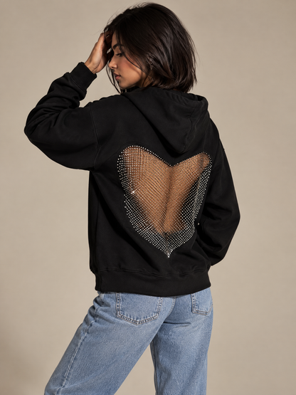 Crystal Heart Backless Hoodie – Black Rhinestone Mesh Hoodie for Women