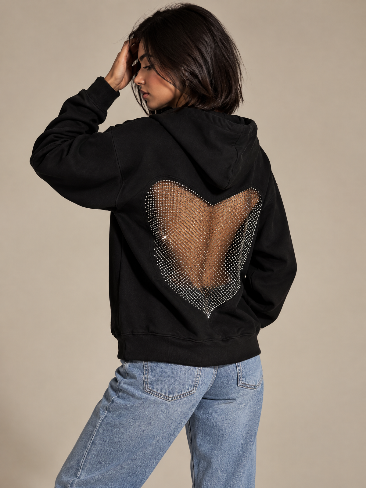 Crystal Heart Backless Hoodie – Black Rhinestone Mesh Hoodie for Women