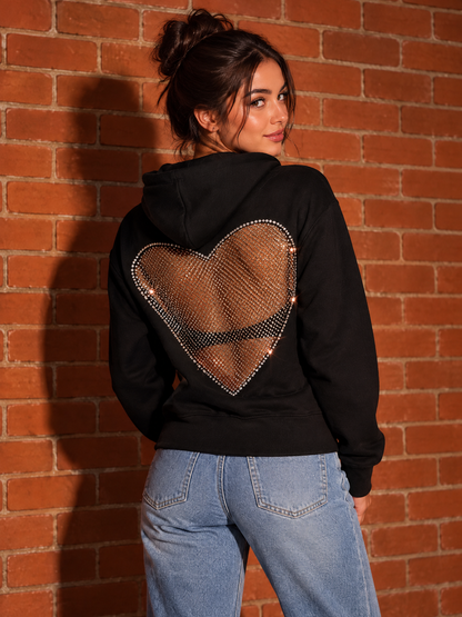 Crystal Heart Backless Hoodie – Black Rhinestone Mesh Hoodie for Women