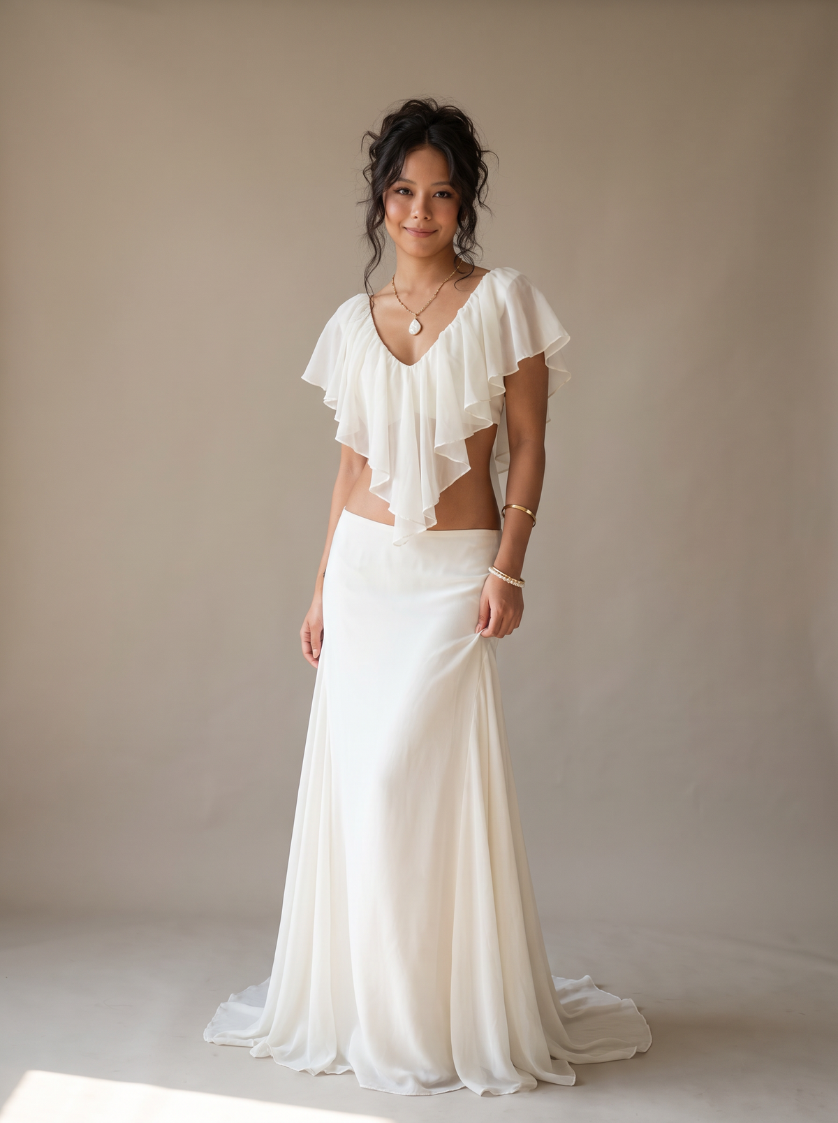 Ivory Ruffle Crop Top & Mermaid Maxi Skirt Co-ord Set