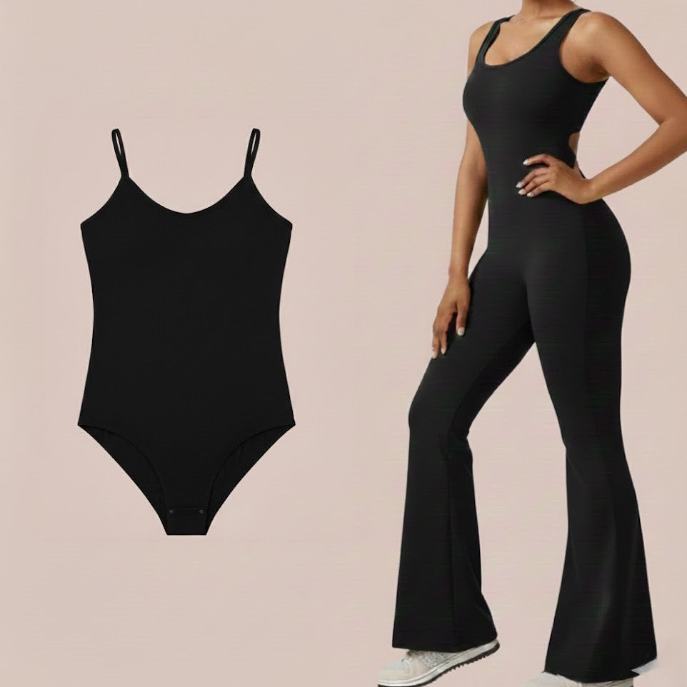 Cheekee V-Back Flared Jumpsuit + Free Contour Ultra Comfy Bodysuit | Sexy Backless Women's Jumpsuit